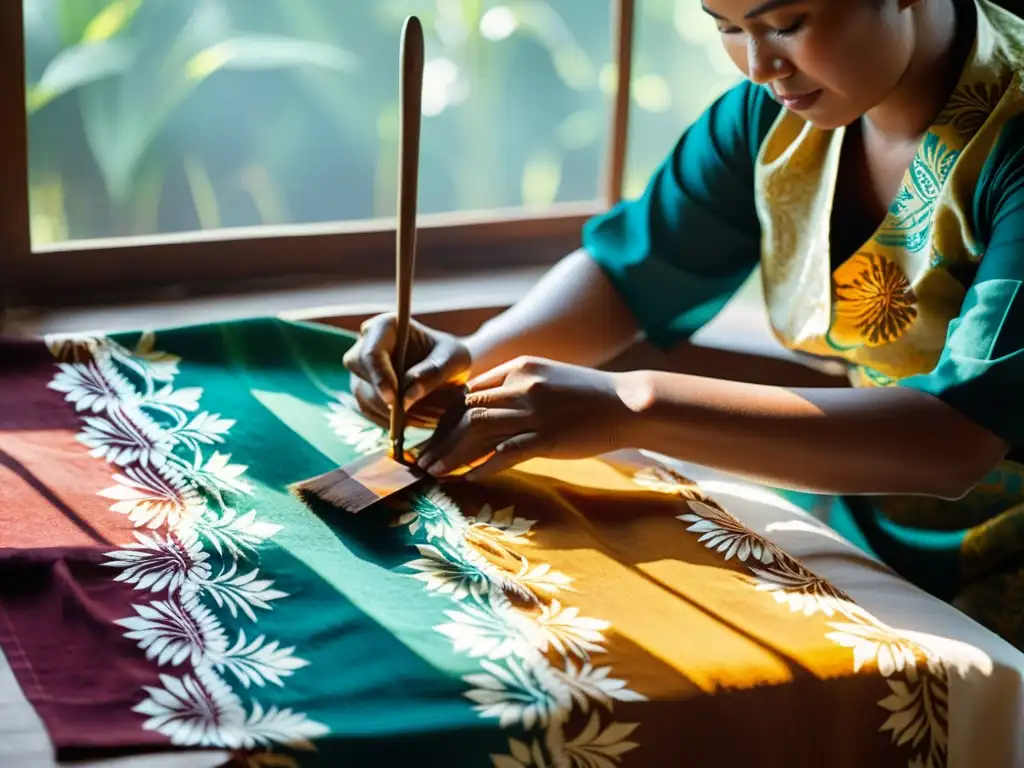 Un artesano indonesio aplica con destreza patrones de cera en una tela de batik, resaltando el origen y significado del batik