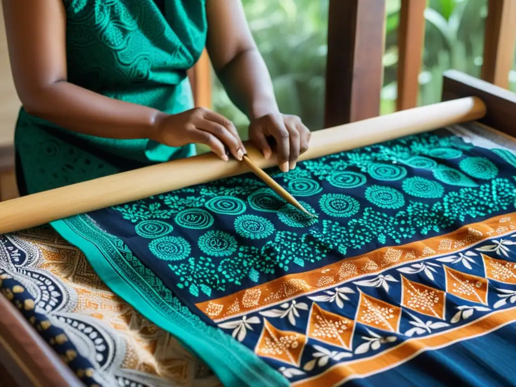 Un artesano indonesio aplica cuidadosamente tintes y cera a un vibrante tejido batik, capturando la influencia cultural de la danza Batik en Indonesia