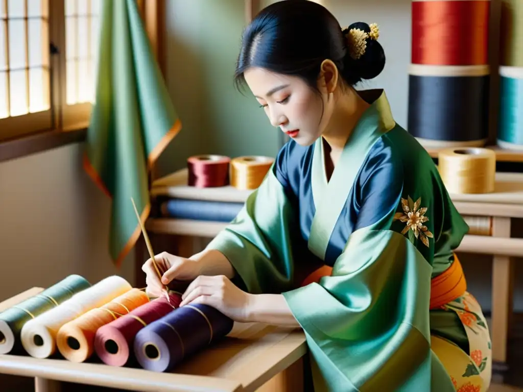 Un artesano japonés tiñe con cuidado un exquisito kimono con patrones tradicionales, resaltando el significado del kimono en Japón