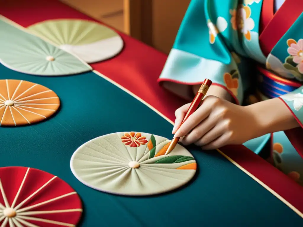 Un artesano japonés confecciona con esmero un kimono tradicional, destacando el significado del kimono en Japón con sus detalles y colores vibrantes