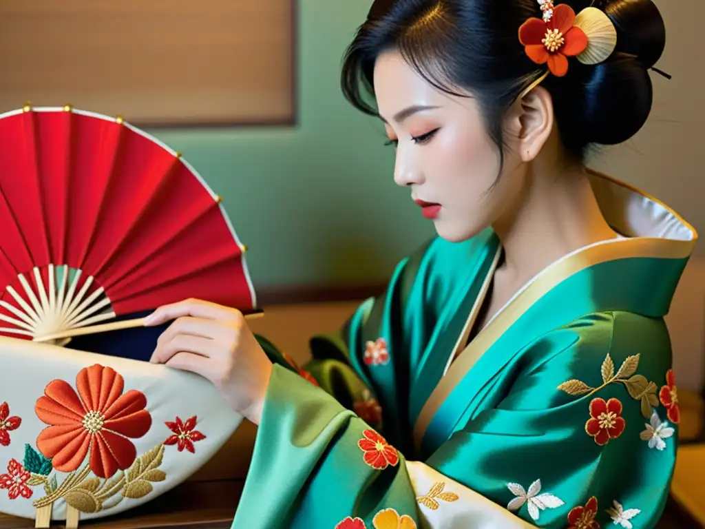 Un artesano japonés crea un kimono con bordados florales, reflejando la moda tradicional japonesa kimono en un entorno sereno y auténtico