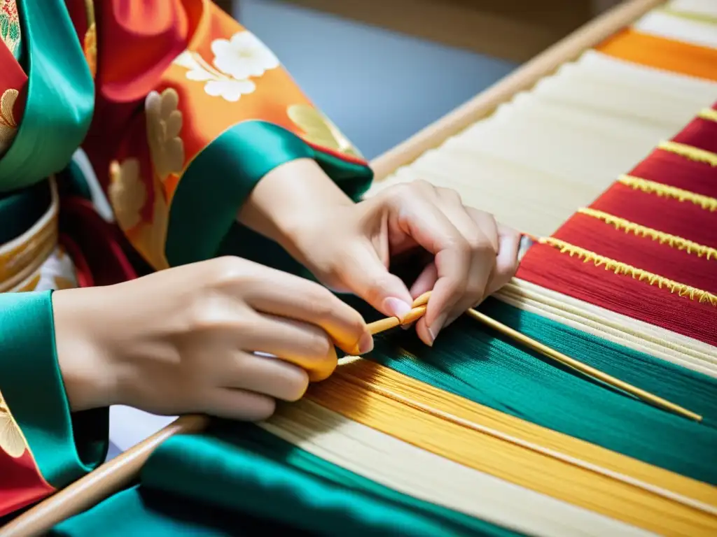 Un artesano japonés meticulosamente bordando un kimono con seda vibrante, capturando la esencia de la moda tradicional japonesa kimono