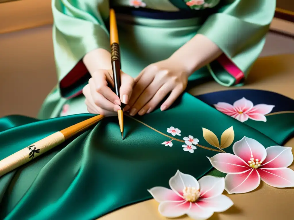 Un artesano japonés pinta a mano motivos de flores de cerezo en un kimono de seda