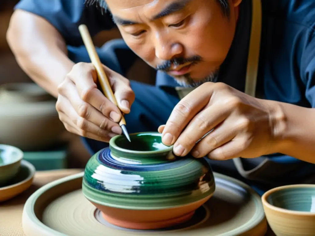 Un artesano japonés meticuloso crea cerámica en un taller de Kioto, Japón, resaltando la tradición y la artesanía