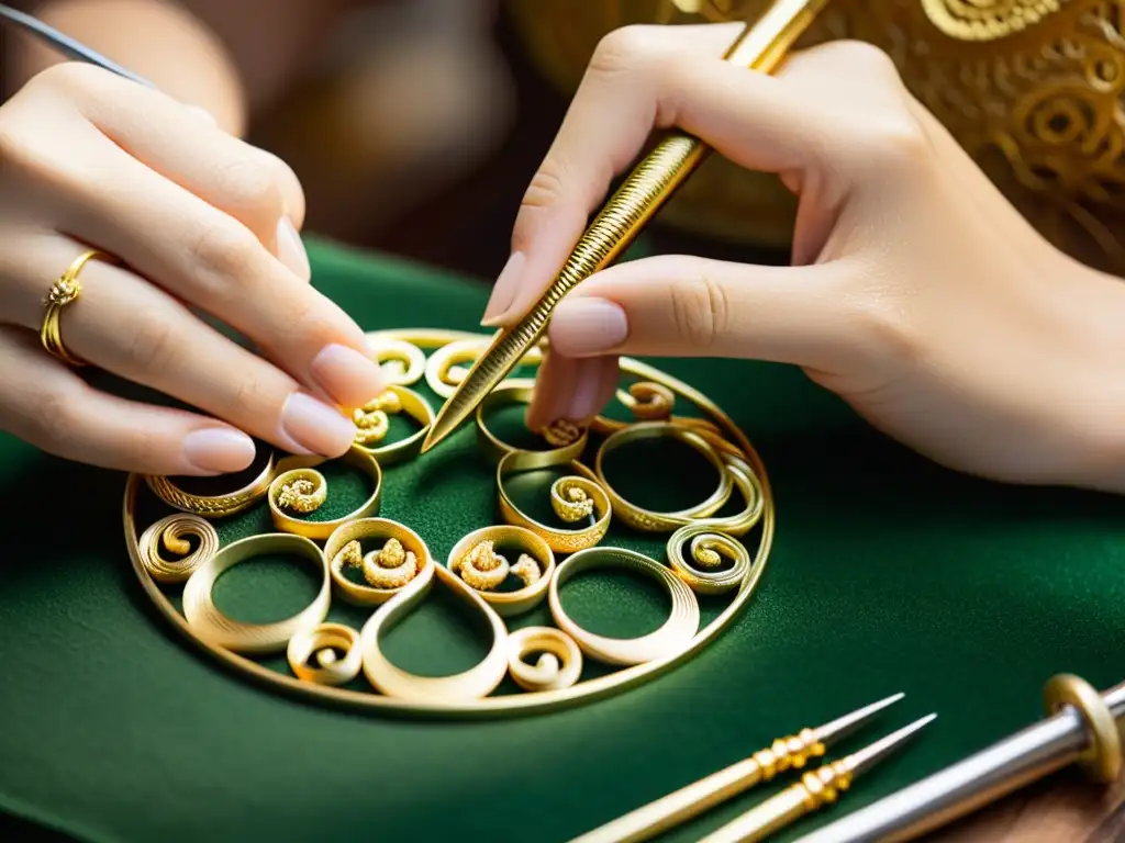 Un artesano elabora joyería artesanal de filigrana de oro con detalle y destreza, rodeado de herramientas, en una atmósfera cálida y luminosa