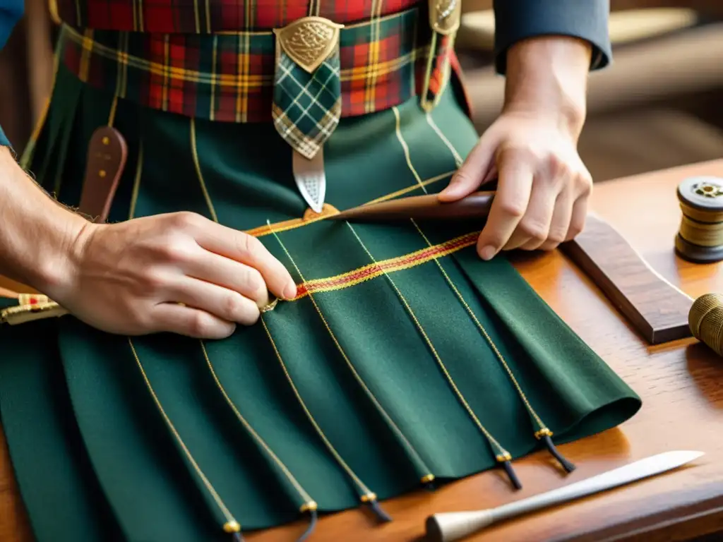 Artesano confeccionando a mano un detallado kilt escocés en un taller, capturando la rica herencia y artesanía detrás de este icónico atuendo