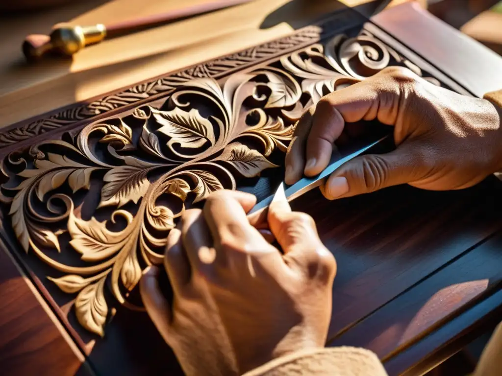 Artesano tallando a mano una intricada flor en madera de caoba, destacando la técnica talla madera artesanos con destreza y pasión