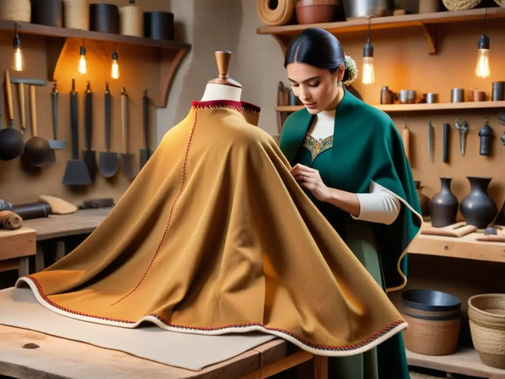 Artesano elaborando a mano la tradicional capa española con materiales sostenibles, resaltando la historia de la capa española y su artesanía