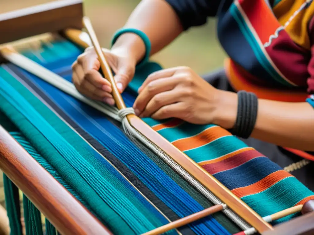 Un artesano Mapuche tejiendo patrones vibrantes en un telar, mostrando la identidad y resistencia de la tradición de telares mapuches