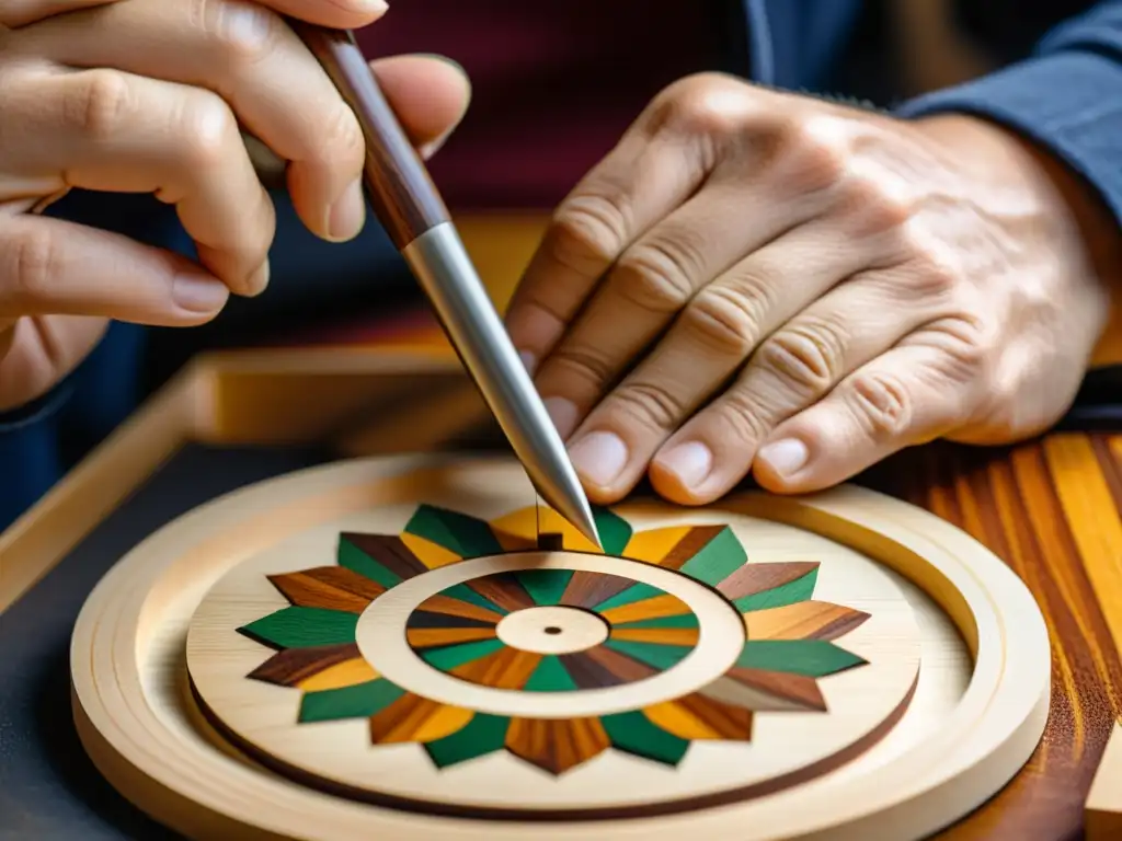 Un artesano de marquetería en madera crea con precisión una intrincada obra de arte