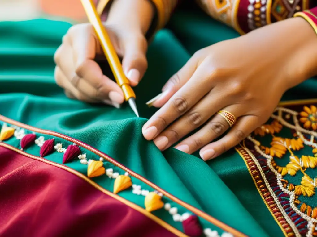 Un artesano marroquí borda con destreza un caftán, mostrando moda y tradición