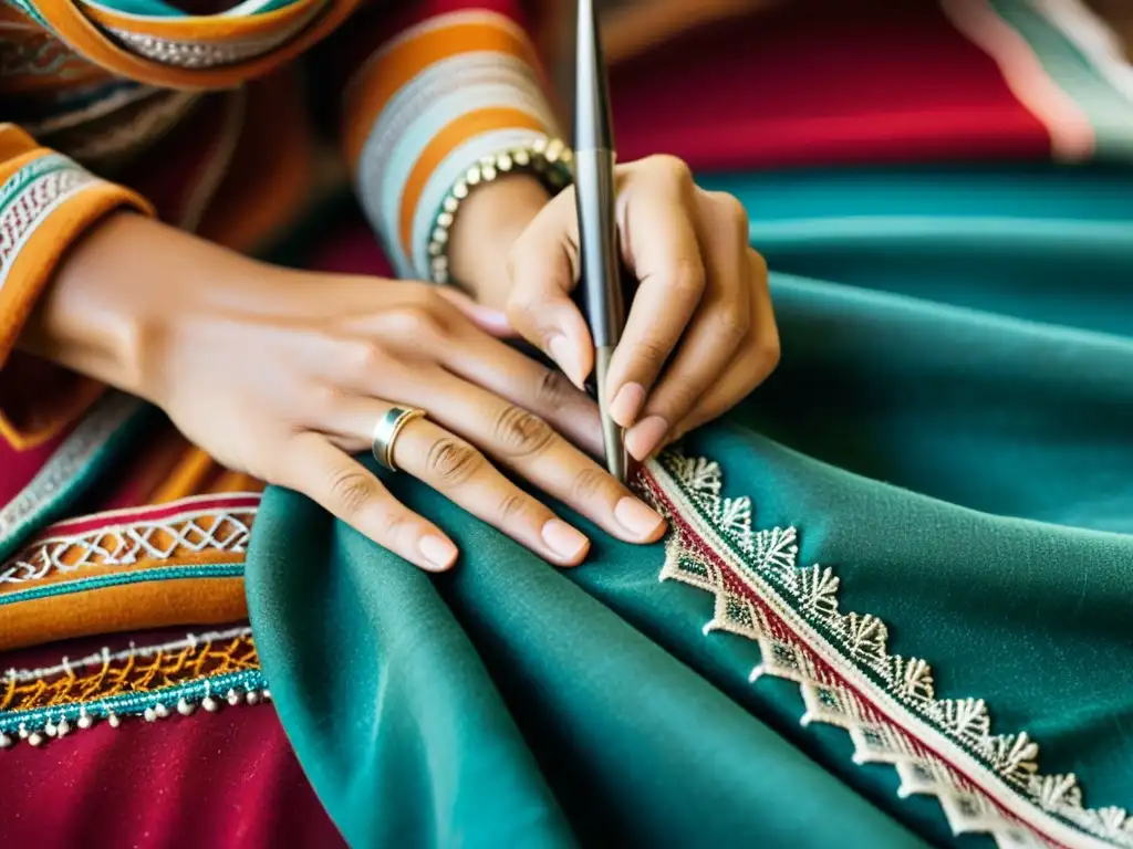 Un artesano marroquí experto en moda y tradición cose a mano un caftán, mostrando la artesanía del caftán marroquí: moda y tradición