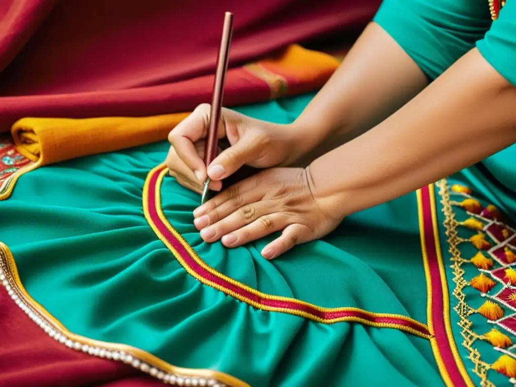 Un artesano en Marruecos bordando un caftán marroquí: moda y tradición con detalle y color vibrante