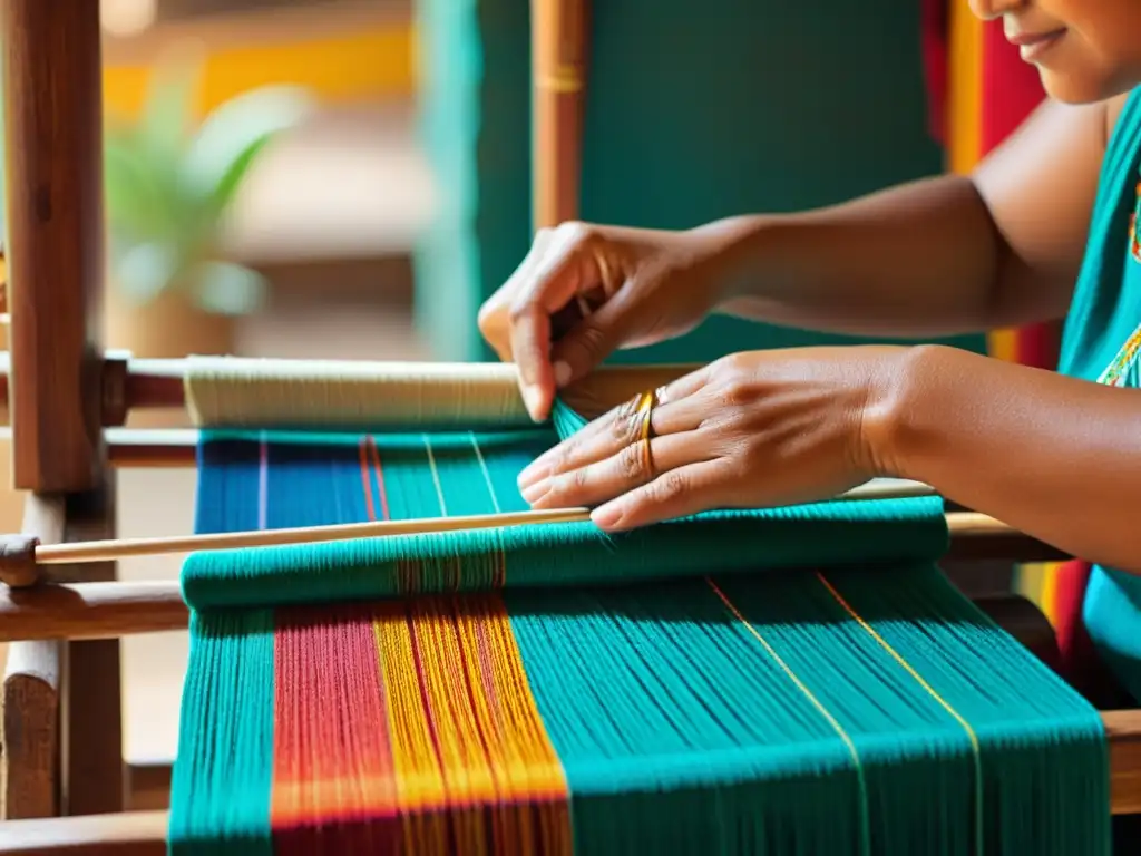 Un artesano maya teje patrones vibrantes en un telar rústico, mostrando la vestimenta tradicional Maya costumbres con destreza y pasión