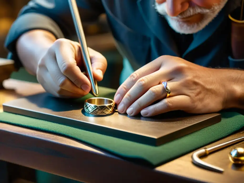 Un artesano meticuloso da forma a una joya única, rodeado de gemas, metales y herramientas