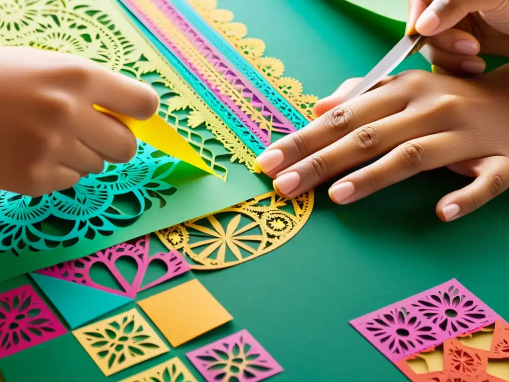 Artesano mexicano cortando papel picado con precisión y delicadeza, rodeado de colores vibrantes y tradición papel picado México