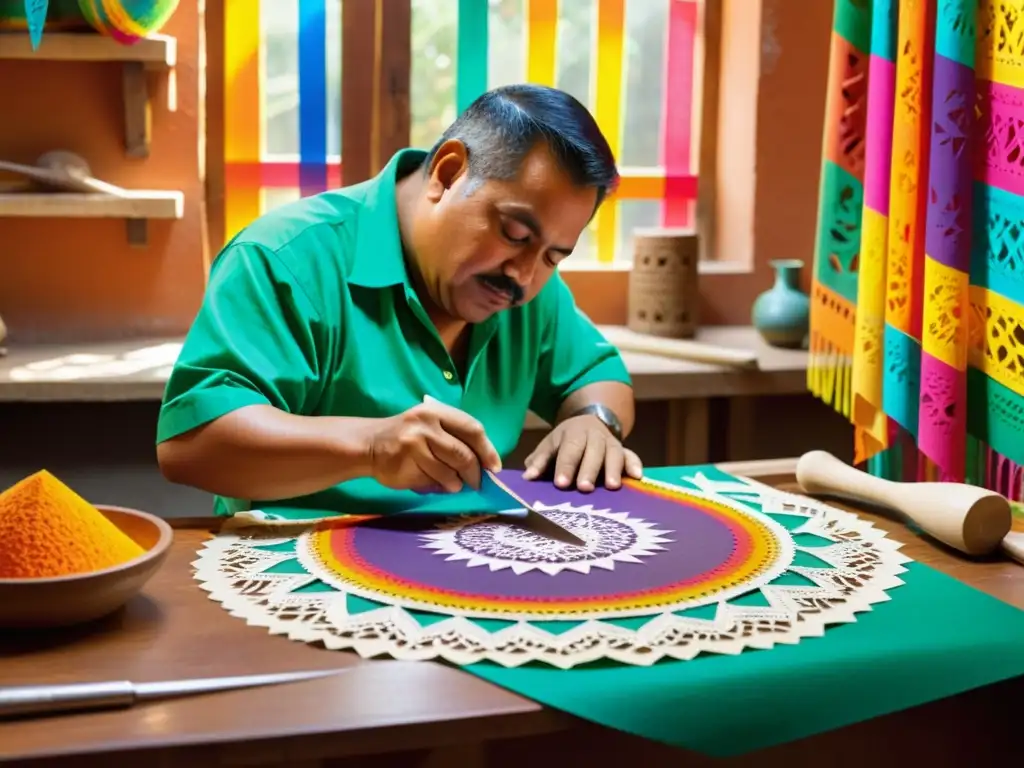 Un artesano mexicano en su taller de papel picado artesanal, cortando diseños detallados con precisión y pasión