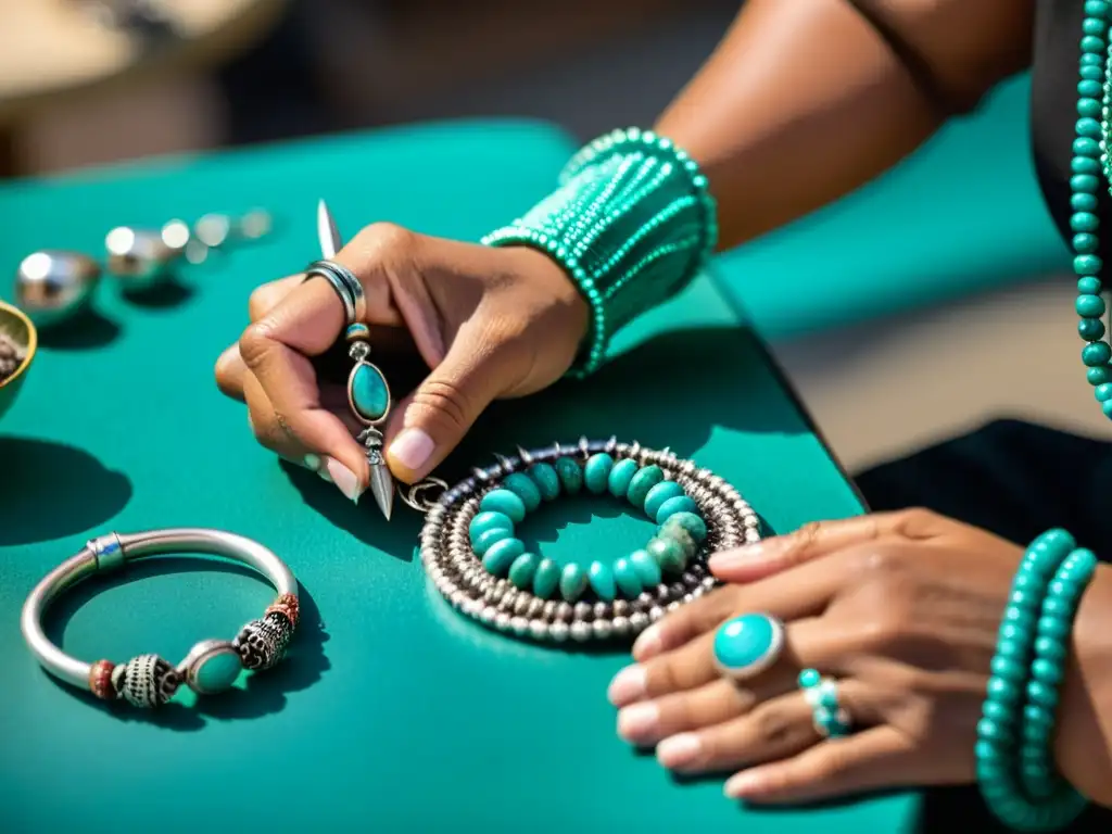 Un artesano nativo americano elabora con destreza un collar de plata y turquesa, mostrando el significado cultural de las joyas nativas americanas