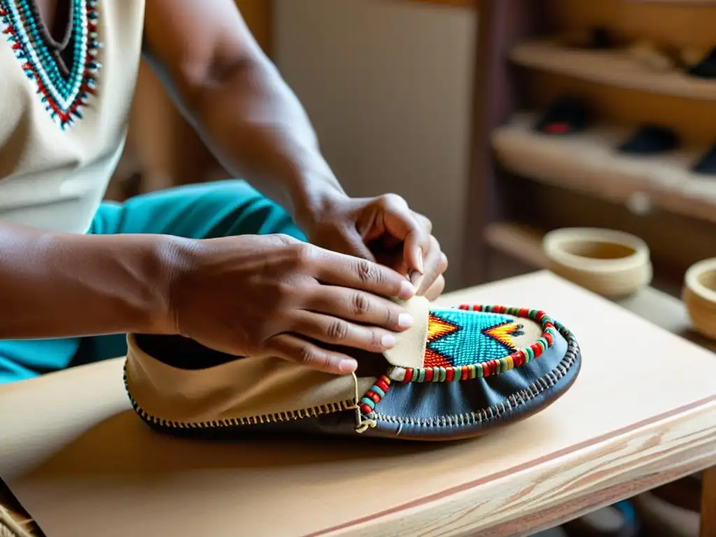 Un artesano nativo con habilidad teje intrincadas cuentas en mocasines tradicionales, mostrando la riqueza cultural de la moda étnica