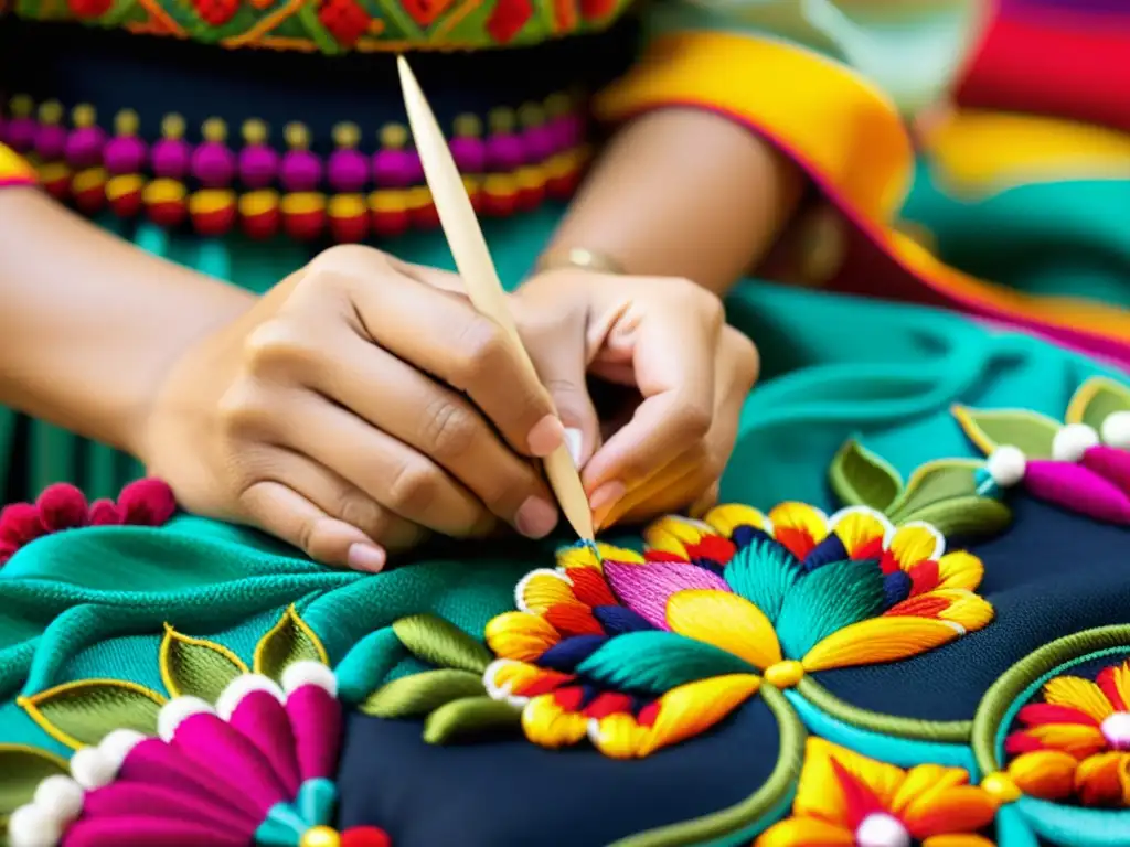 Un artesano Otomí borda con precisión diseños vibrantes en un tejido, destacando la artesanía de los Bordados Otomí en moda alta