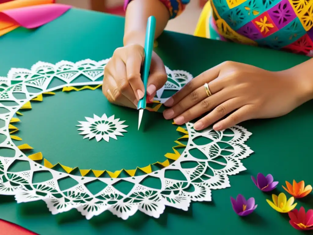 Artesano cortando papel picado con destreza, resaltando la tradición papel picado México en un ambiente de creatividad y dedicación artesanal