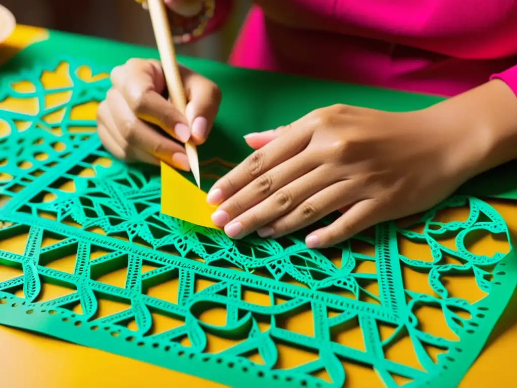 Artesano cortando papel picado mexicano con precisión y destreza, destacando la tradición papel picado México