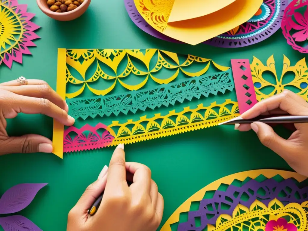 Artesano cortando papel picado con precisión en taller artesanal