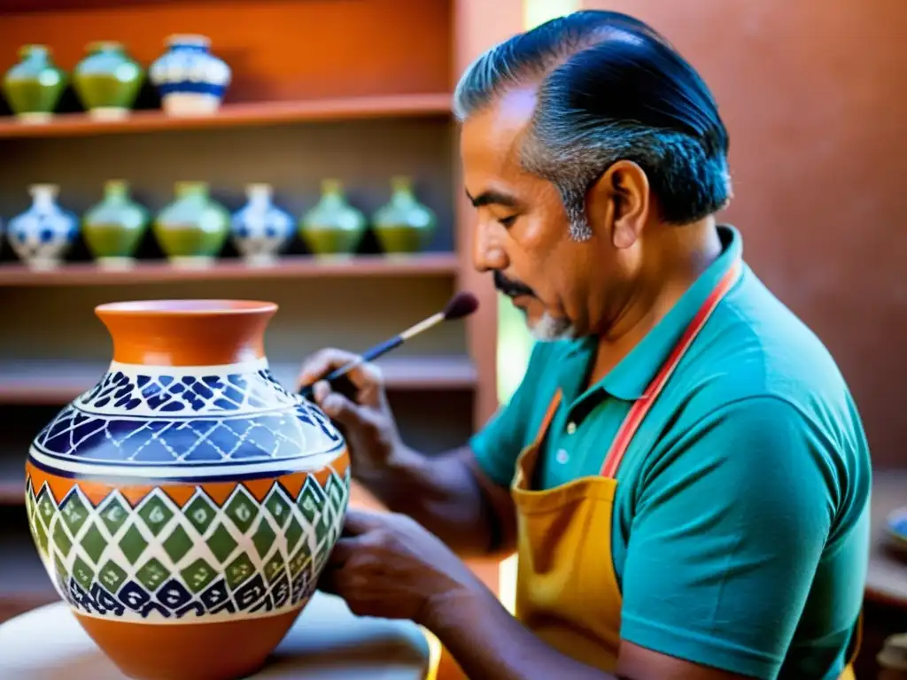 Un artesano en Talavera, México pinta patrones intrincados en un jarrón de cerámica