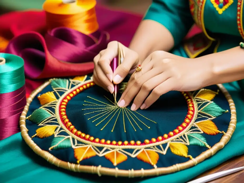 Un artesano borda meticulosamente patrones en tela, reflejando la moda étnica en la industria con tradición y destreza artesanal