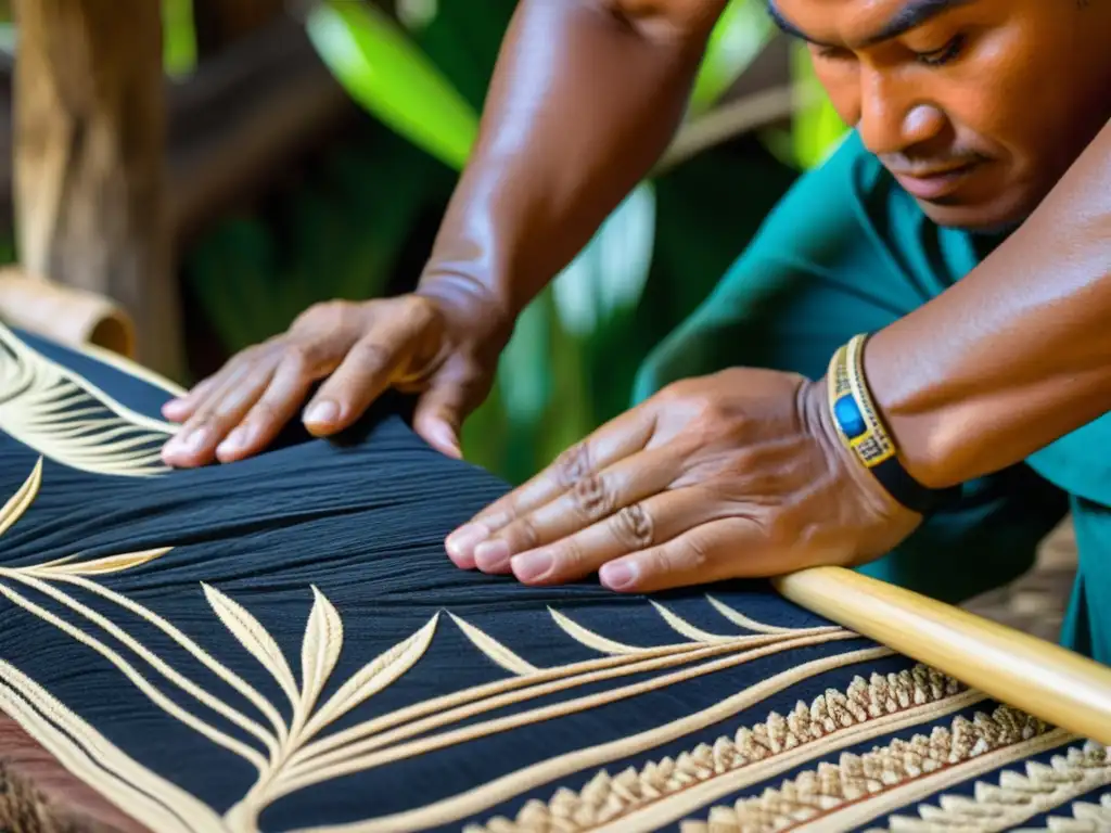 Un artesano polinesio experto crea tejidos tradicionales de la Polinesia a mano, mostrando la herencia cultural y la artesanía ancestral