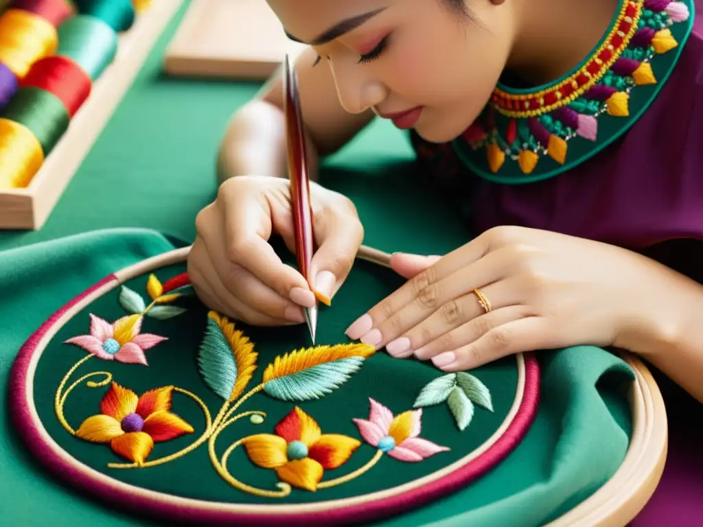 Un artesano bordando con precisión un diseño tradicional sobre una tela rica, destacando la artesanía de los bordados tradicionales moda global