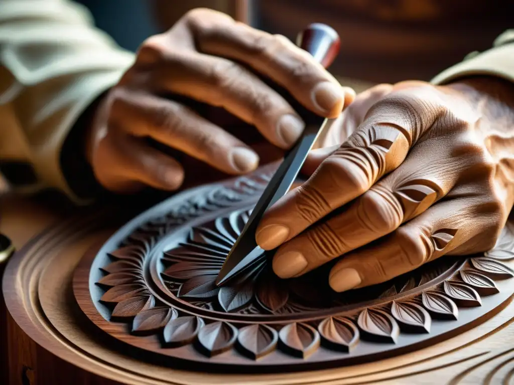 Artesano tallando con precisión en madera, mostrando la técnica de talla de madera artesana con detalle y destreza