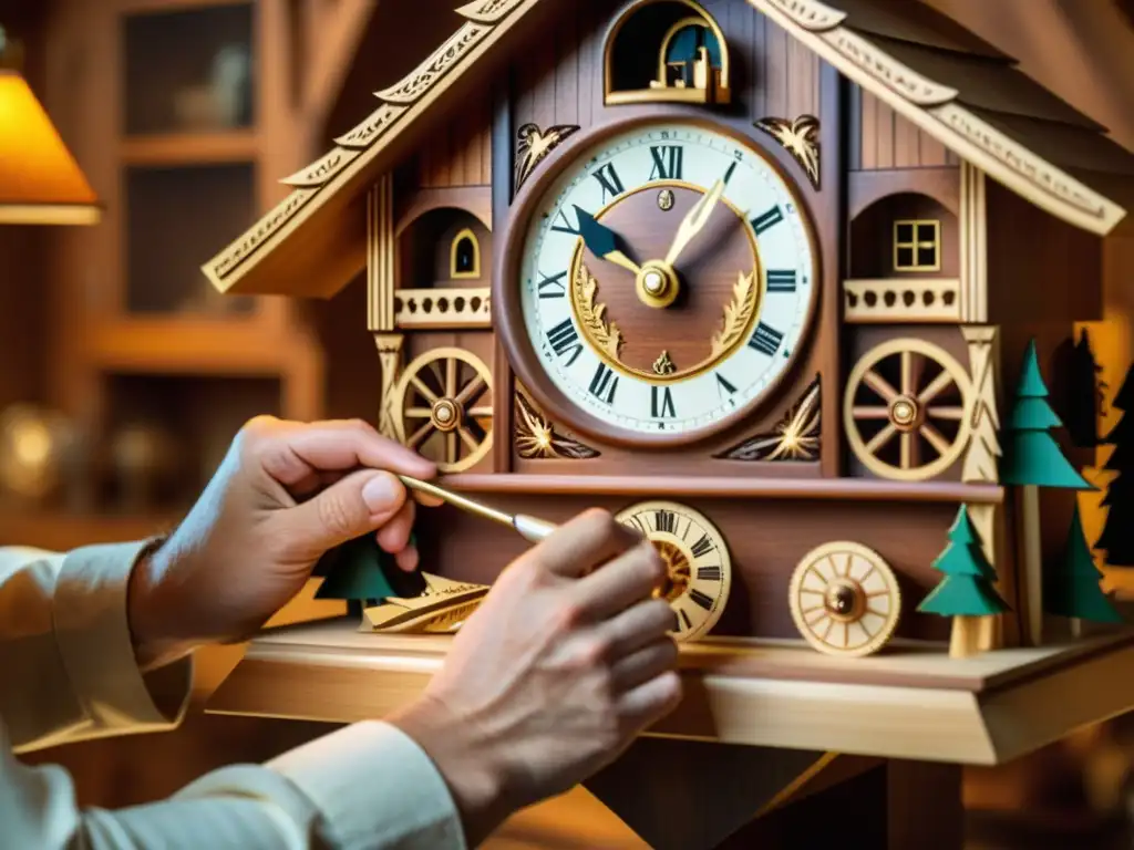 Un artesano tallando delicadamente un reloj cucú de madera, en una escena que irradia tradición alemana y meticulosa artesanía