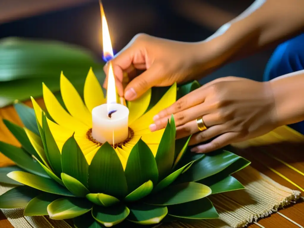 Un artesano tailandés crea con destreza un tradicional Krathong, inmerso en la festividad de Loi Krathong