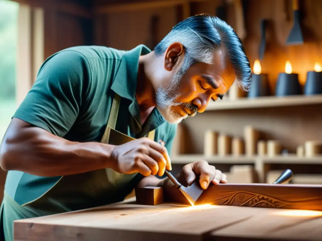 Un artesano talentoso talla madera con precisión y pasión en un taller rústico, destacando la técnica de talla de madera artesanal