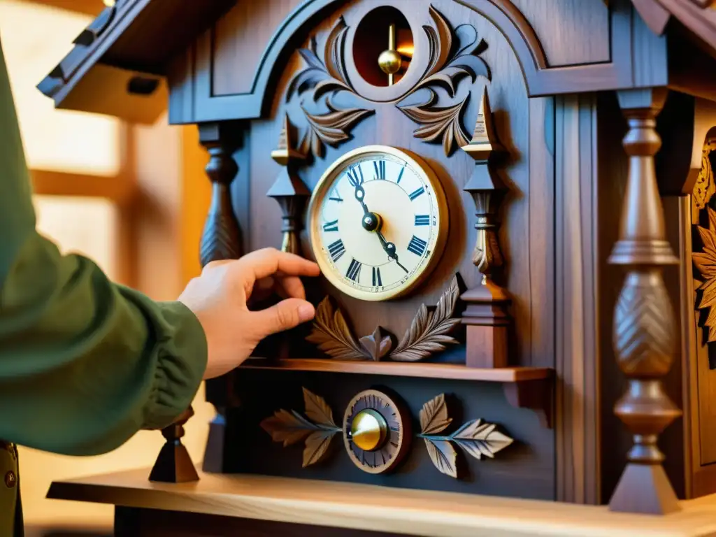 Un artesano talla delicados diseños en un reloj cucú de madera, capturando la tradición alemana de forma meticulosa y emotiva en su taller iluminado