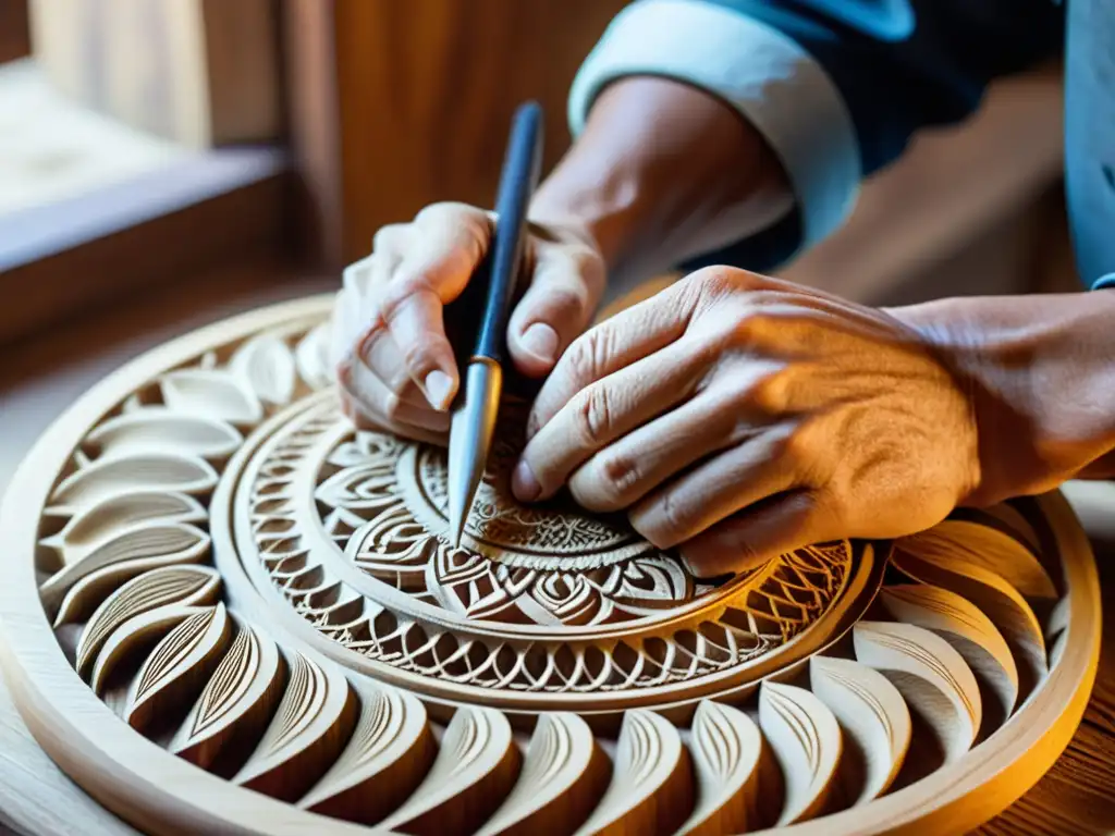 Un artesano talla con destreza una escultura de madera en su taller, mostrando la colección de artesanías del mundo