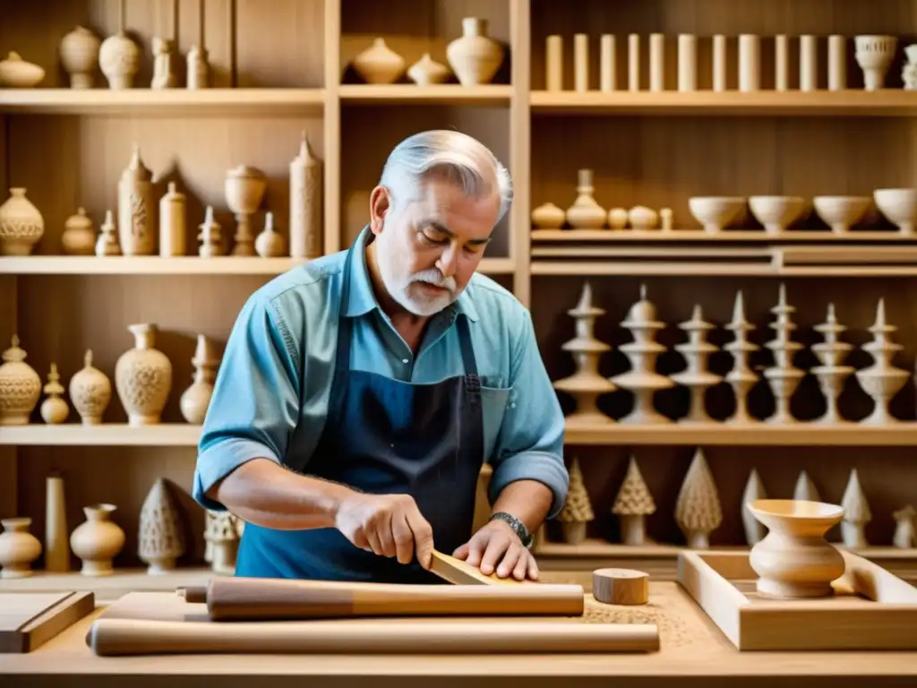 Un artesano talla con maestría diseños en madera con la técnica talla madera artesanos, rodeado de su obra en un taller iluminado y cálido