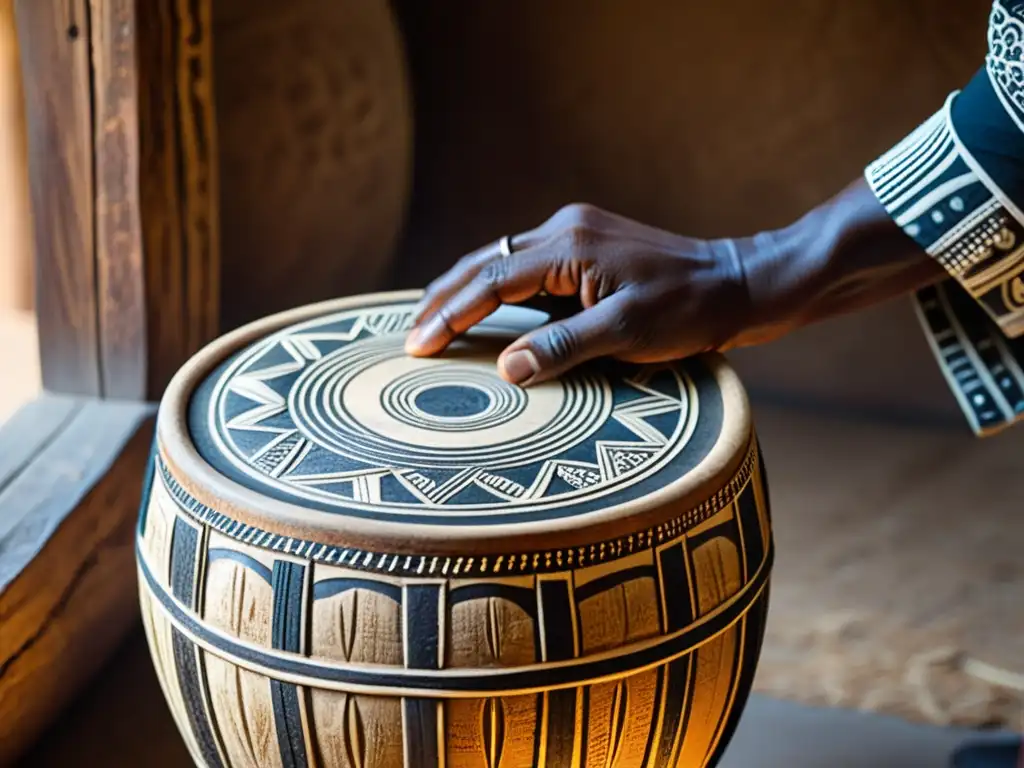 Un artesano talla con precisión patrones tribales en un tambor africano, mostrando la fabricación ritual del tambor africano con maestría ancestral