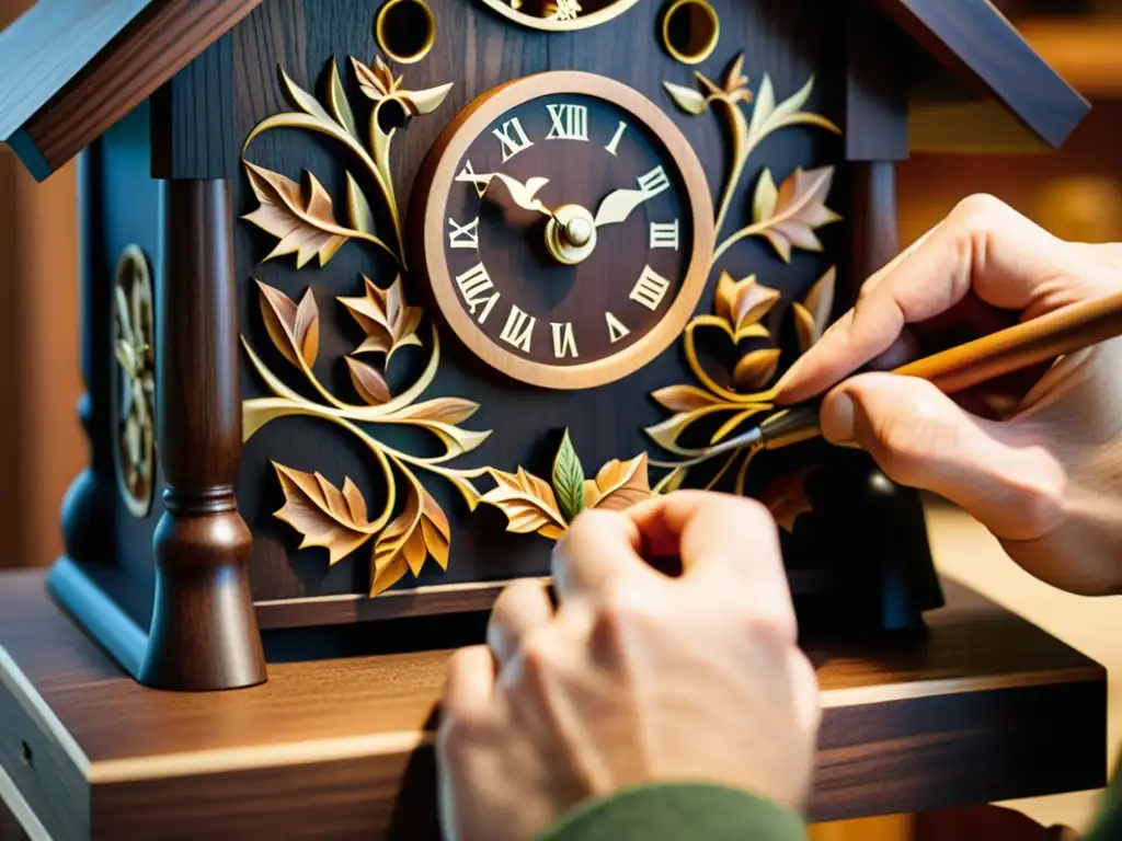 Un artesano talla con precisión un reloj cucú tradicional alemán en madera oscura, resaltando la tradición alemana de relojes cucú