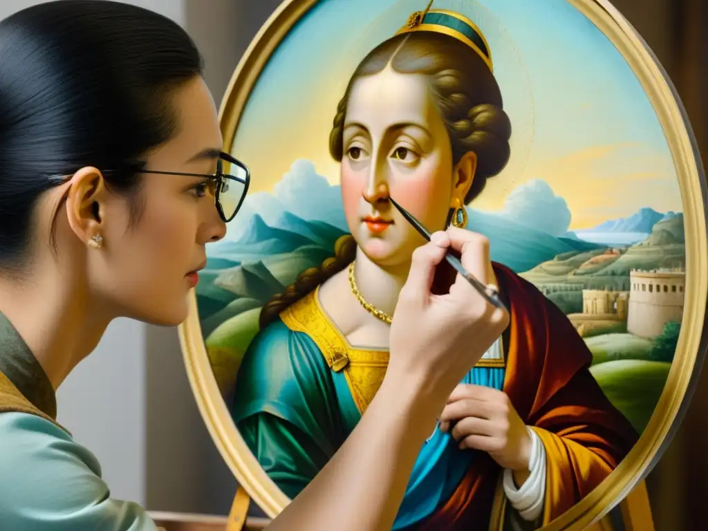 Un artesano restaurando con técnicas de preservación una pintura antigua, mostrando la delicadeza y cuidado en la colección de arte y artesanía