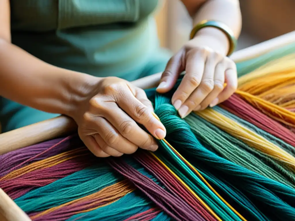 Un artesano textil teje con cuidado hilos de colores brillantes, conservando técnicas milenarias de moda