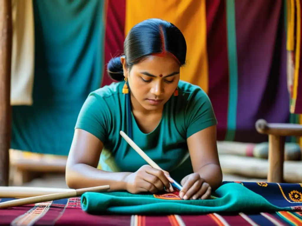 Un artesano crea textil étnico con tintes naturales y técnicas tradicionales, reflejando la moda étnica artesanal global