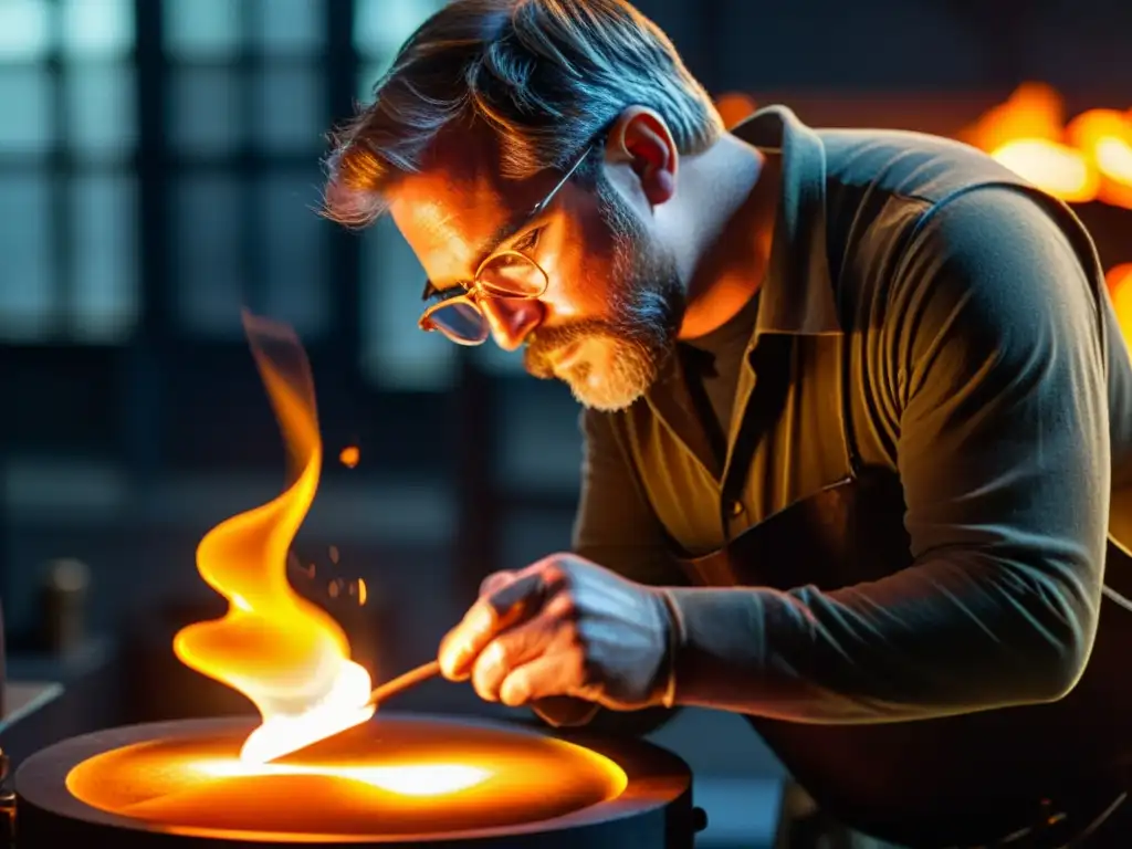 Un artesano del vidrio soplando con destreza en un estudio iluminado tenue, creando una escultura de vidrio vibrante