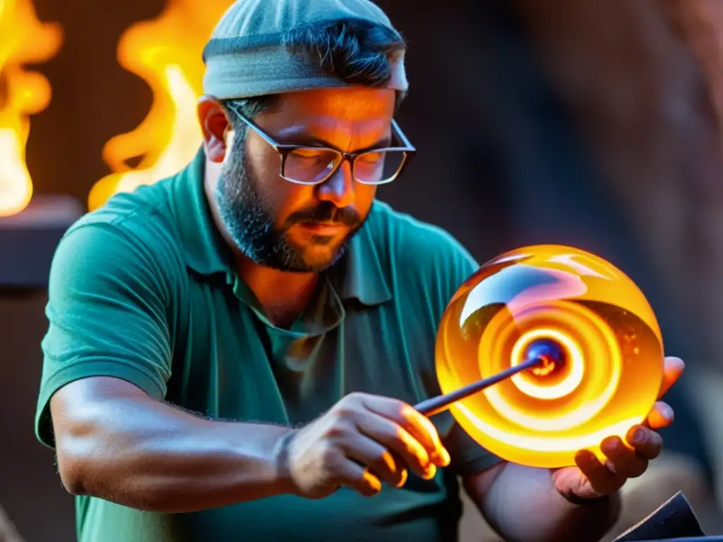 Artesano del vidrio soplado moldea con destreza en horno ardiente, creando colores vibrantes