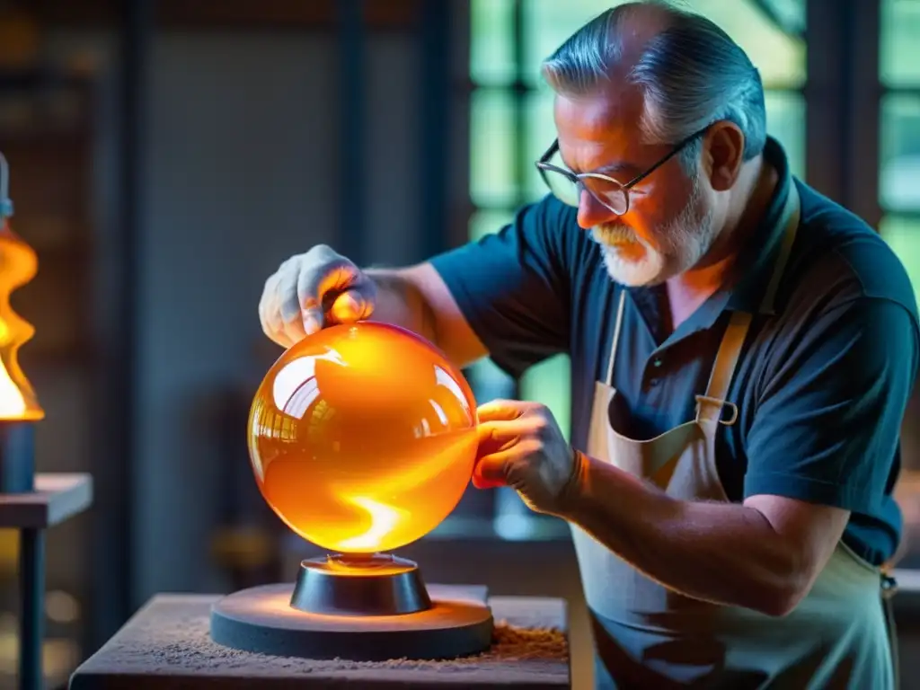 Artesano del vidrio soplado moldea con maestría una escultura, en un taller tenue