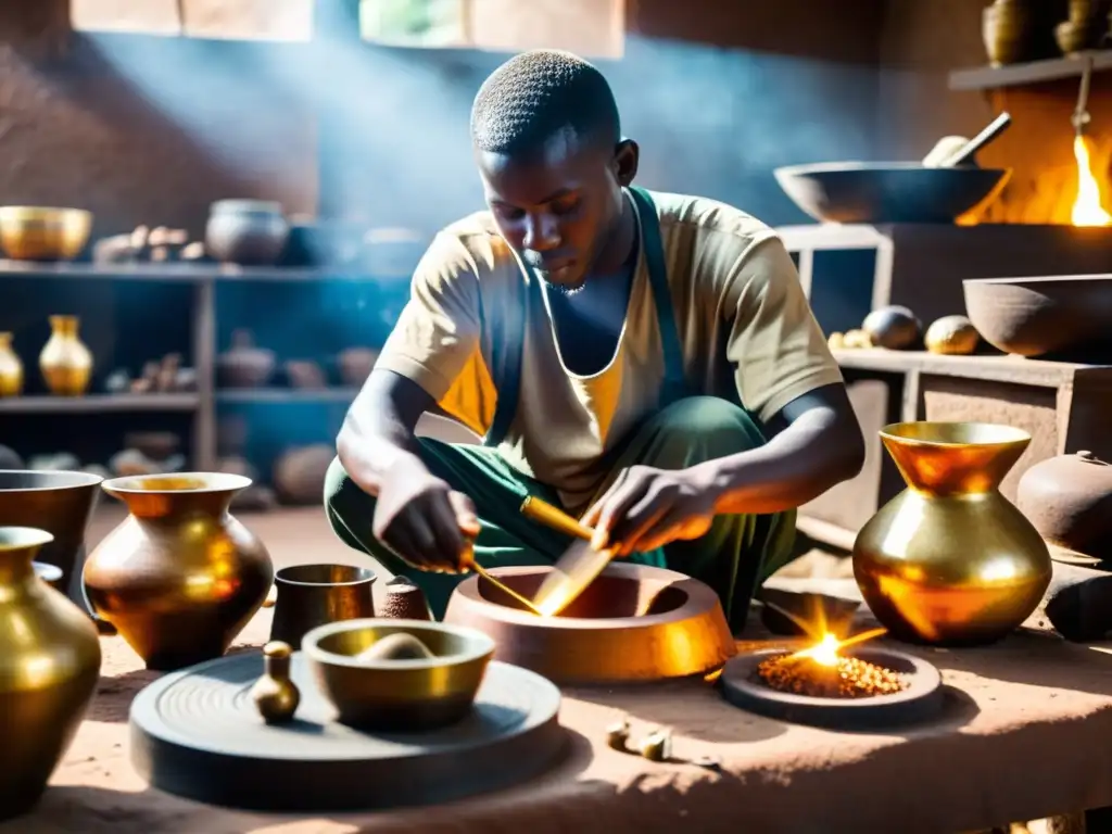 Artesanos africanos francófonos realizando metalurgia tradicional, creando esculturas de bronce con técnicas ancestrales en un mercado vibrante