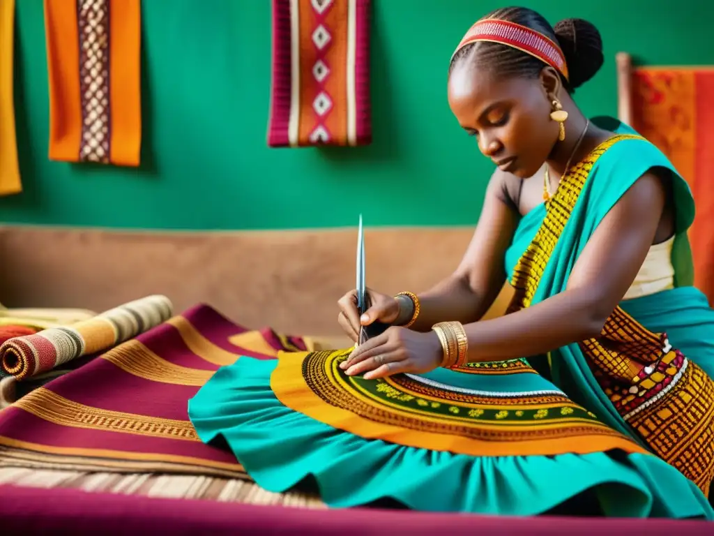 Artesanos africanos crean moda textil africana tradicional en vibrante escena de mercado