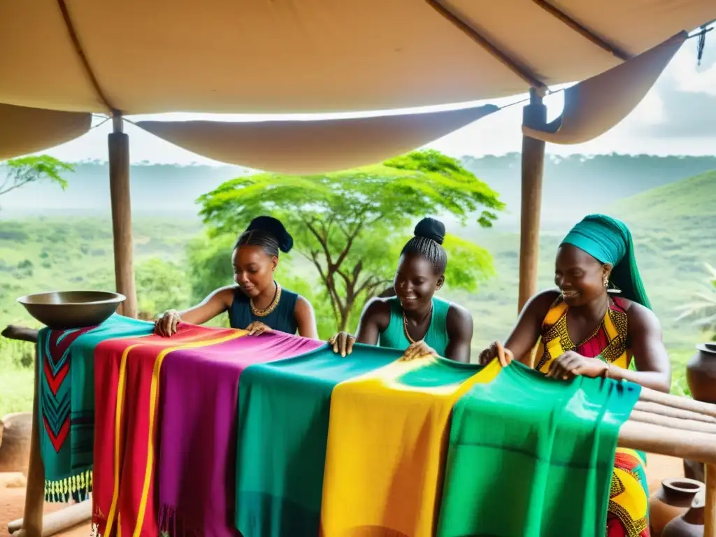 Artesanos africanos tiñendo tela para vestimenta africana Dashiki tradicional rodeados de naturaleza exuberante y flores vibrantes