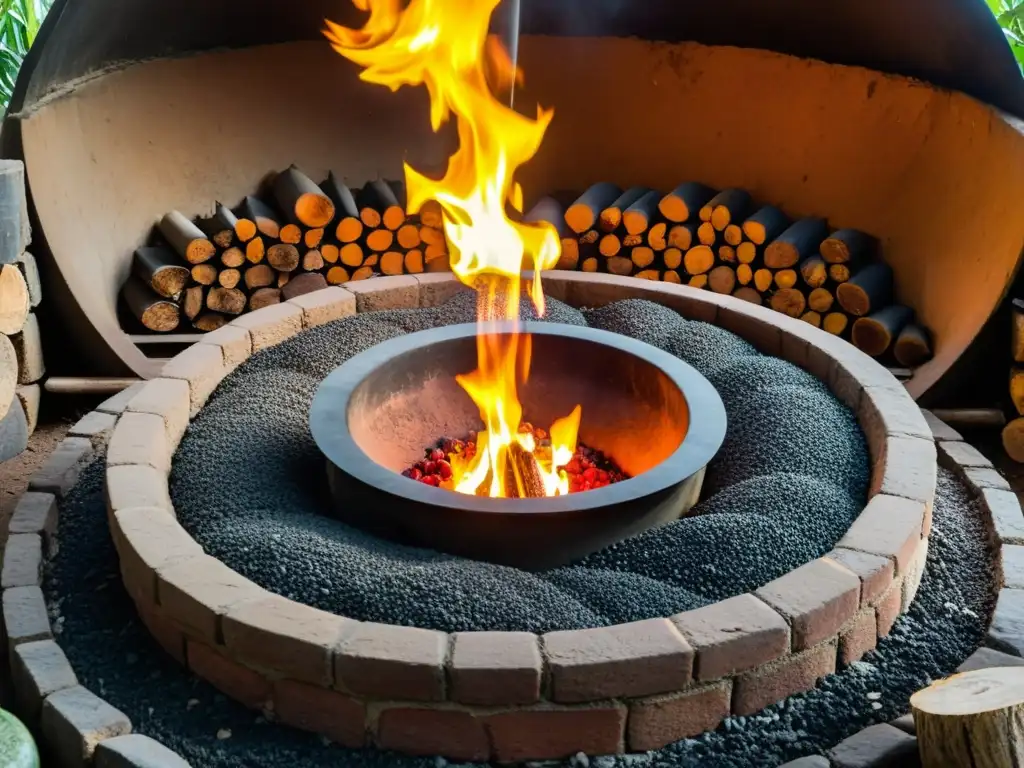 Artesanos atienden la antigua tradición del mezcal ancestral en un horno de piedra, evocando los misterios del mezcal ancestral en Oaxaca, México